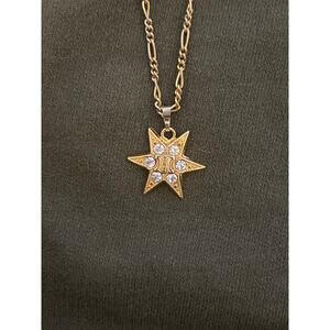 Celine Star Pendant Necklace Gold Tone Rhinestone Logo Figaro Chain